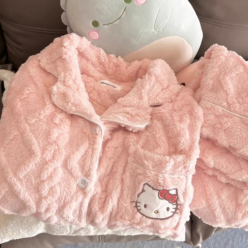 珊瑚絨睡衣女秋冬季粉色KT貓新款加厚學生可愛法蘭絨可外穿家居服