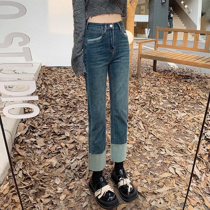 復古拼接直筒牛仔褲女2023年秋季新款高腰顯瘦小個子九分煙管褲潮