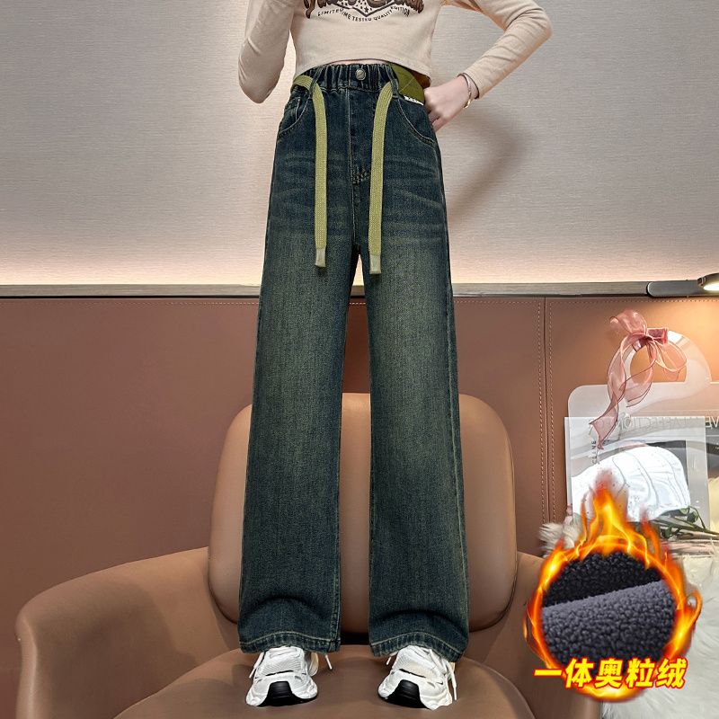 女童加絨牛仔褲秋冬2023新款洋氣兒童冬季加厚直筒褲大童顯瘦長褲