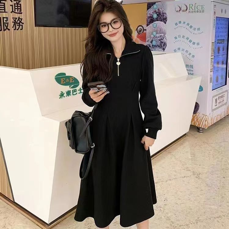 高級感長袖華夫格內搭連衣裙女春秋反季收腰裙子polo領連衣裙長袖