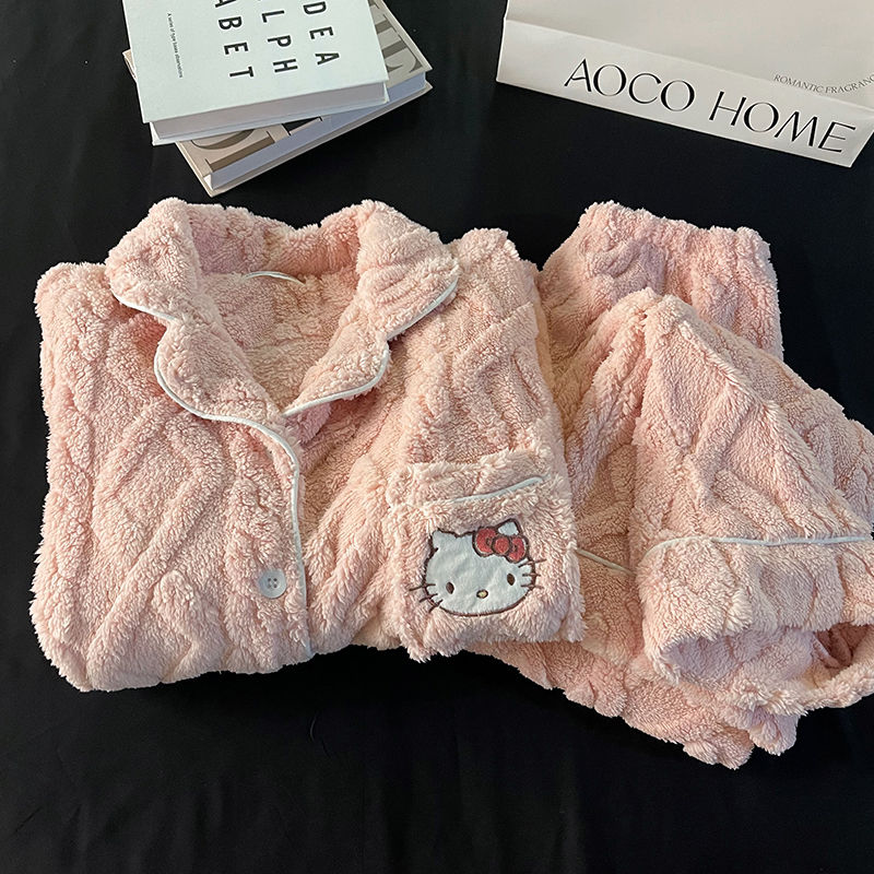 珊瑚絨睡衣女秋冬季加厚加絨學生可愛kitty貓法蘭絨開衫款家居服