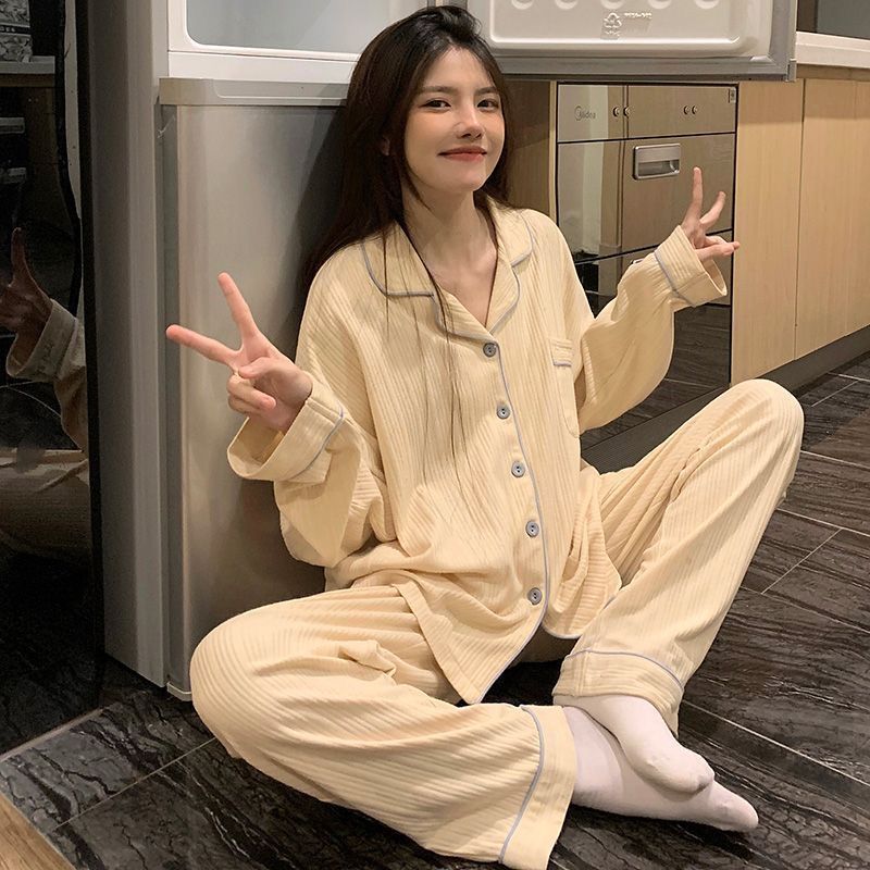 韓版簡約文字睡衣女春秋季新款冷淡風拼色條紋長袖學生秋款居家服