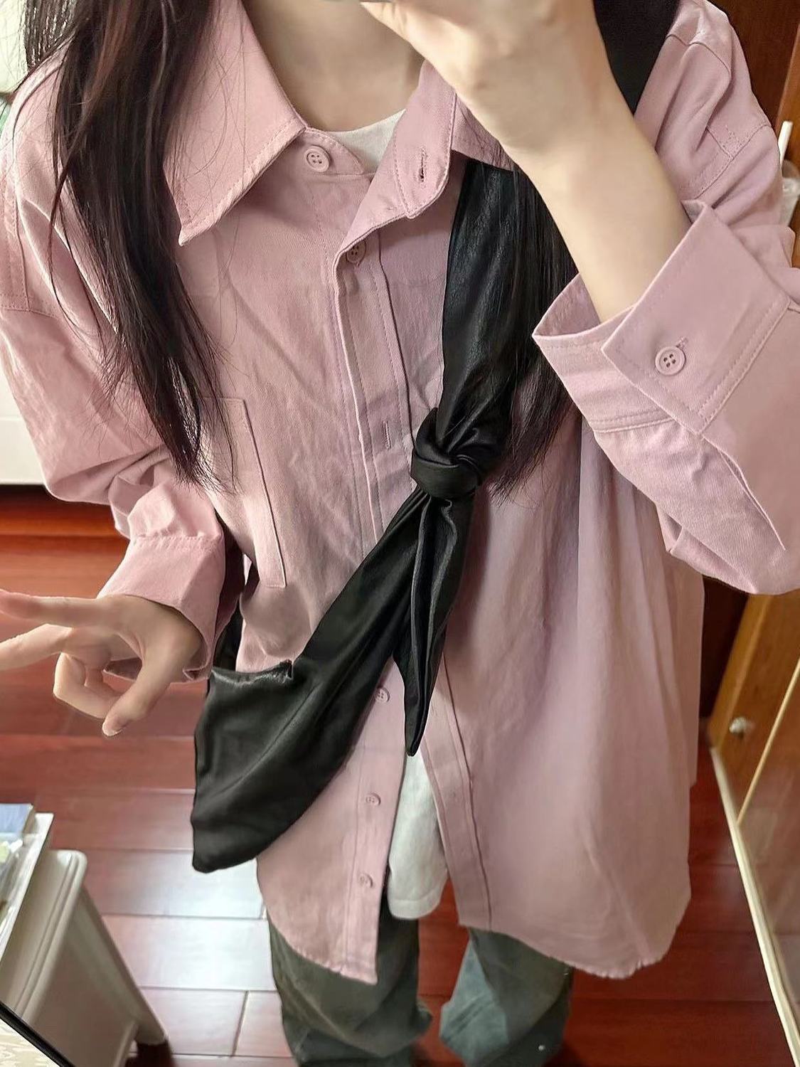 甜美減齡粉紫色純棉襯衫內搭女寬鬆休閒顯瘦襯衣外穿長袖上衣服潮