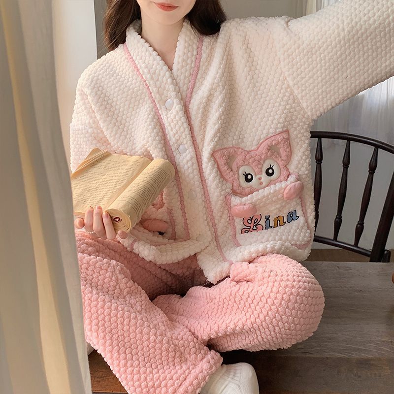 珊瑚絨睡衣女秋冬季毛茸日系可愛外穿冬天加絨法蘭絨家居服套裝