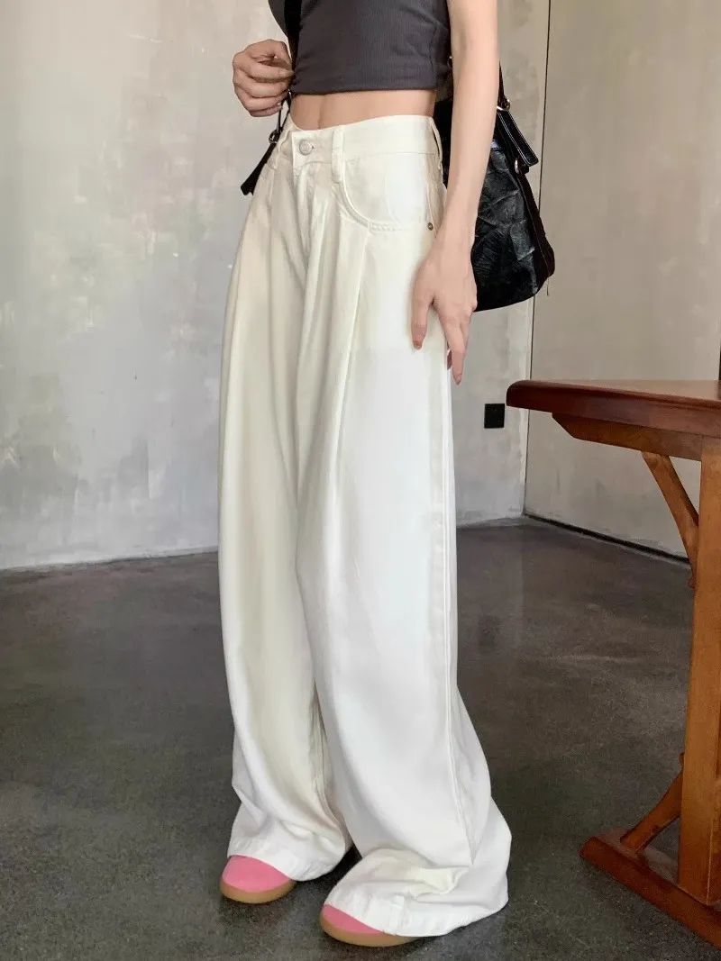 白色寬鬆顯瘦闊腿褲加長牛仔褲女秋季新款高腰垂感直筒拖地長褲子