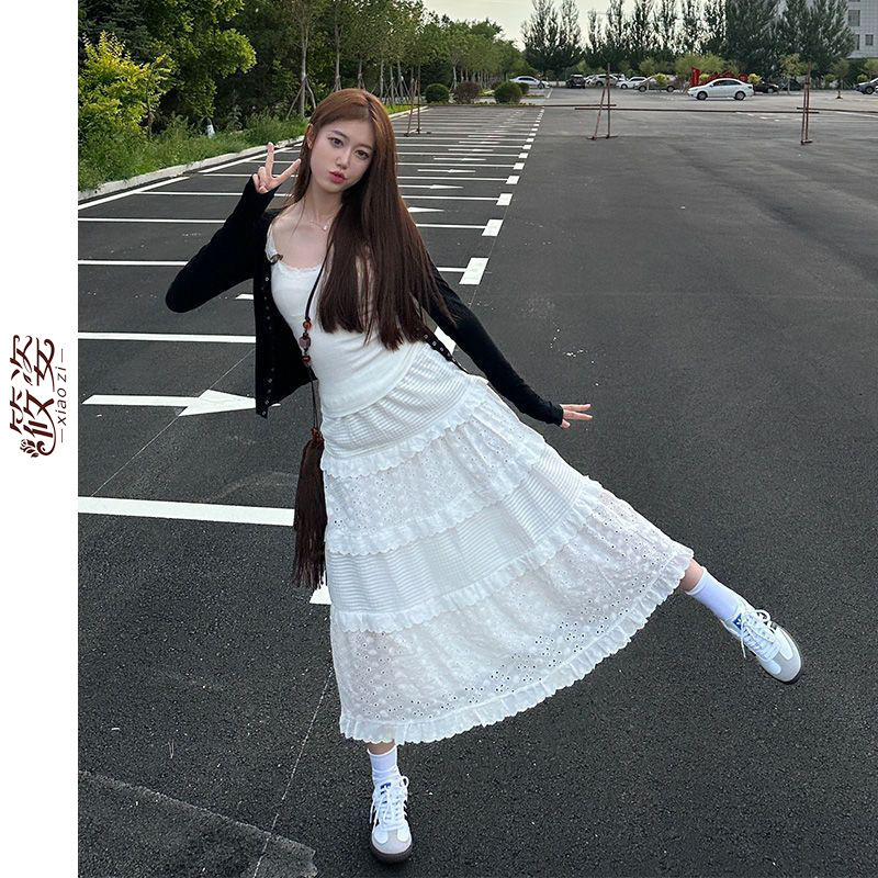 筱姿法式新款白色显瘦A字蛋糕裙高腰设计感蕾丝超仙长款半身裙子