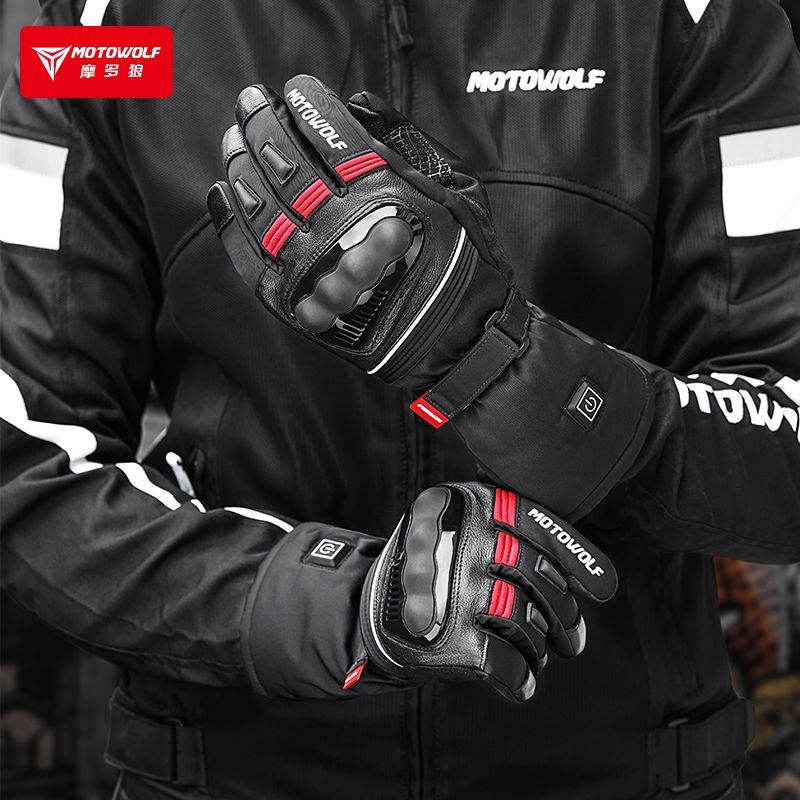 Motorcycle cycling heated gloves, winter warm and wind-proof motorcycle equipment for men and women, leather electric heating and temperature adjustment