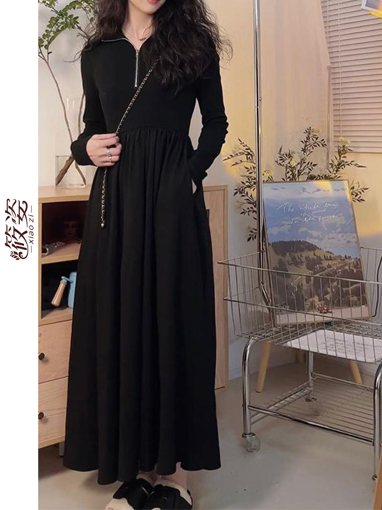 筱姿时尚收腰显瘦黑色长袖连衣裙女2023新款气质法式赫本风长裙子