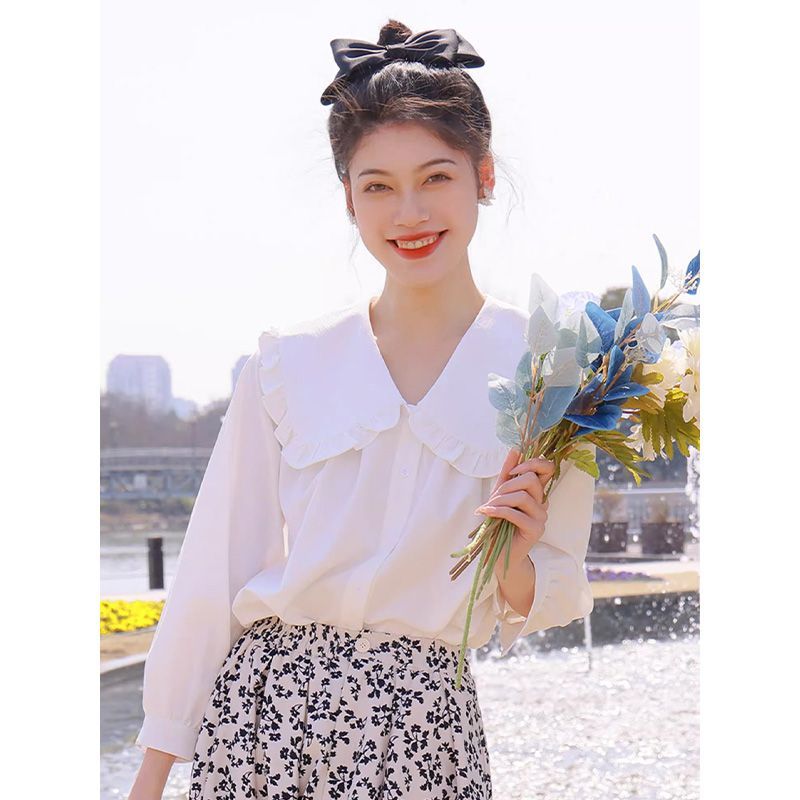 氣質好搭法式白色長袖襯衫春秋甜美娃娃領少女疊穿設計感壓褶上衣