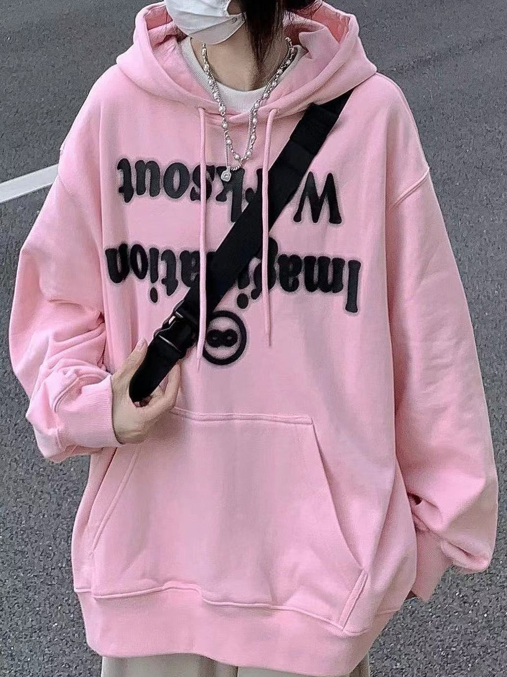 American phantom print pink pullover hooded sweatshirt oversize loose casual lazy style long-sleeved top