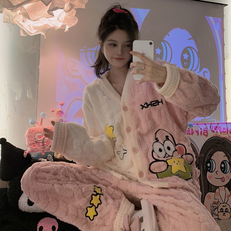 珊瑚絨睡衣女秋冬季加厚加絨學生可愛2023年新款法蘭絨家居服套裝