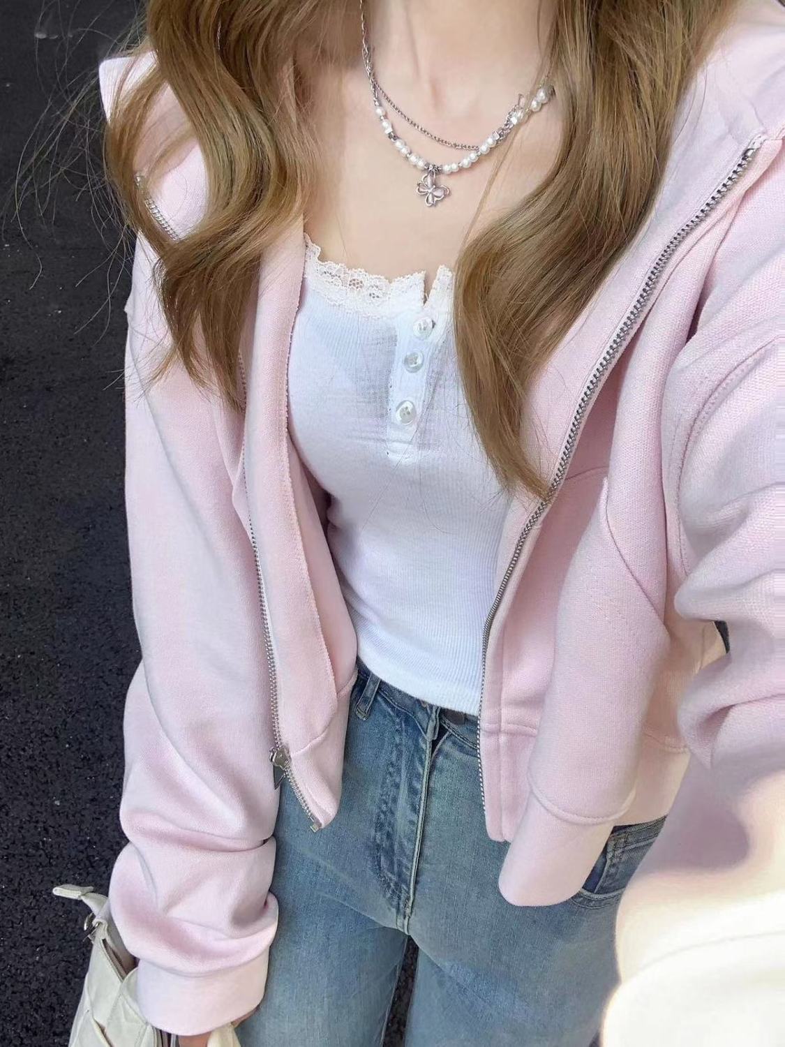 春秋款甜美淡粉色連帽短款衛衣女寬鬆百搭顯瘦雙拉鏈外套開衫ins
