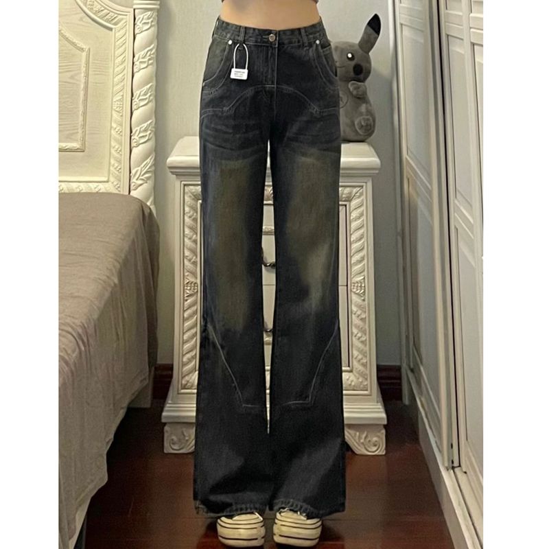 美式復古做舊直筒牛仔褲女秋季新款高腰顯瘦小個子垂感闊腿拖地褲