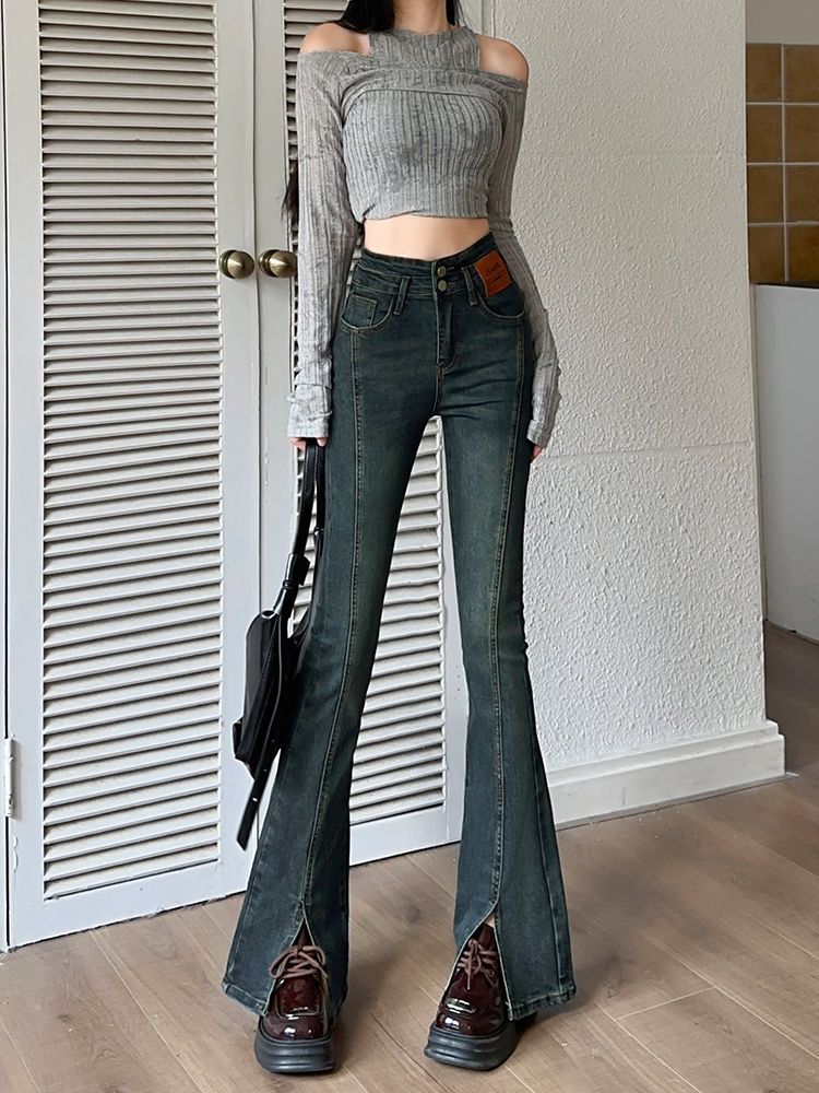 美式復古高腰開叉微喇牛仔褲女春秋季大碼胖mm顯瘦彈力修身喇叭褲