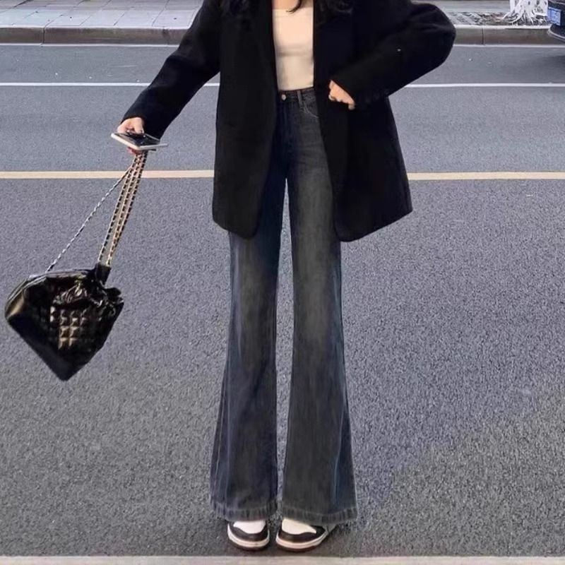 復古藍微喇牛仔褲女春秋2023年新款小個子美式高腰顯瘦喇叭長褲子