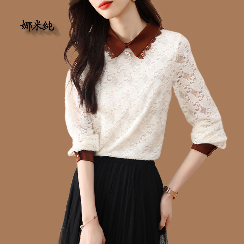 Xiaoxiangfeng lace top for women in autumn and winter, new arrival, velvet warm bottoming shirt, foreign style, high-end and chic small shirt