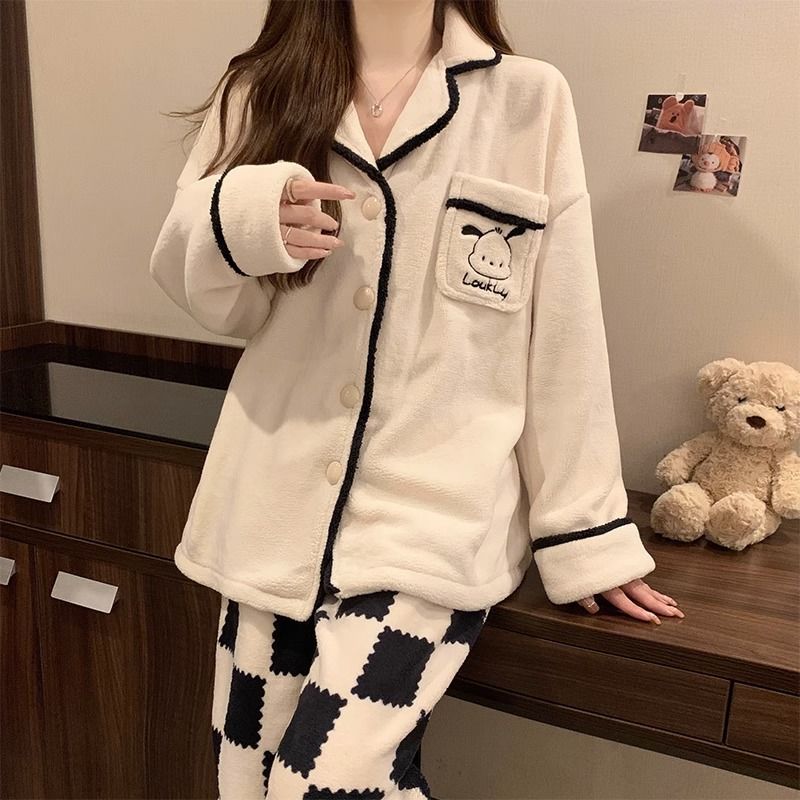 珊瑚絨睡衣女加厚冬季2023新款可愛格子帕恰狗法蘭絨可外穿家居服
