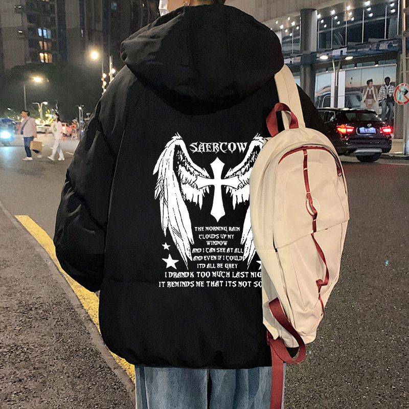 冬季棉衣男翅膀十字架連帽棉服百搭休閒棉襖寬鬆ins潮外套麵包服