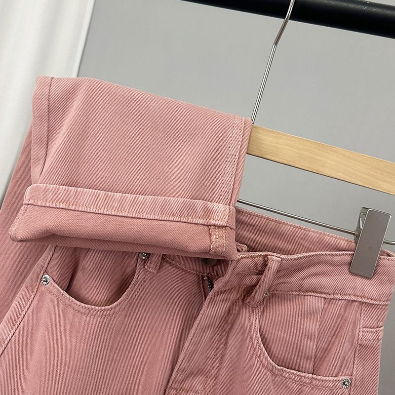 小个子显瘦宽松脏粉色高腰直筒牛仔裤女年新款直筒垂感拖地裤