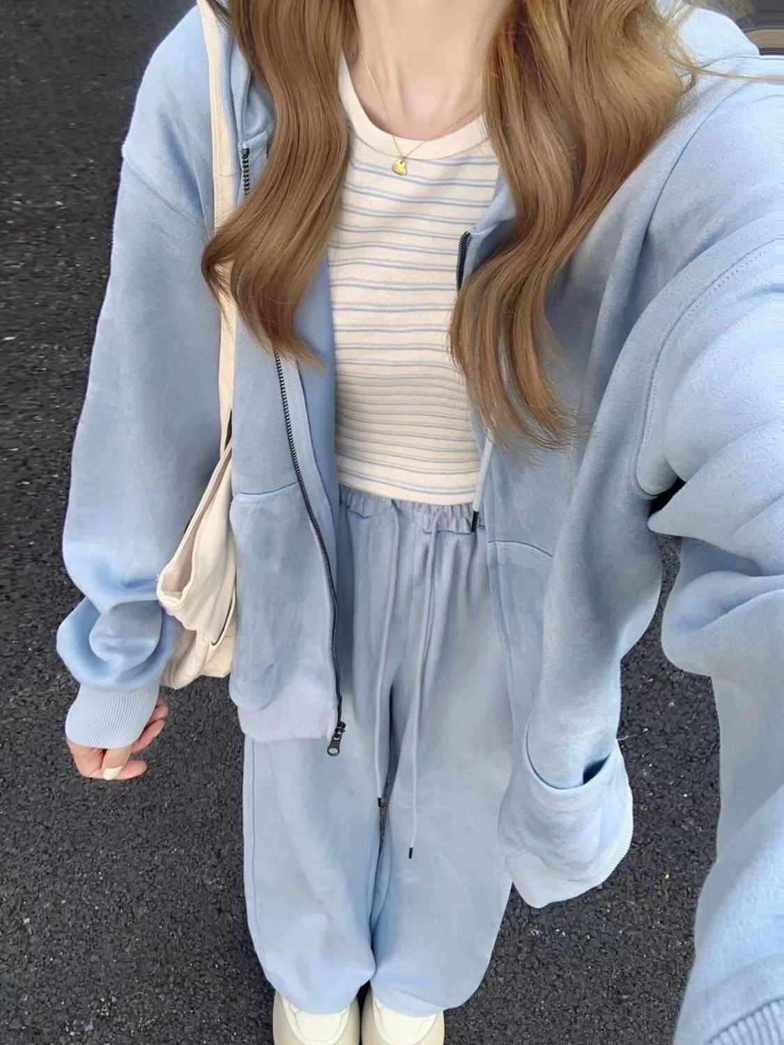 復古chic藍色連帽衛衣女oversize寬鬆垂墜感慵懶風小個子拉鏈外套