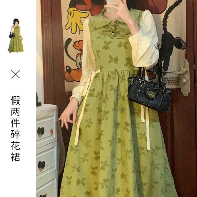 春新款大碼設計感盤扣漢服連衣裙女新中式假兩件少女甜美娃娃領裙