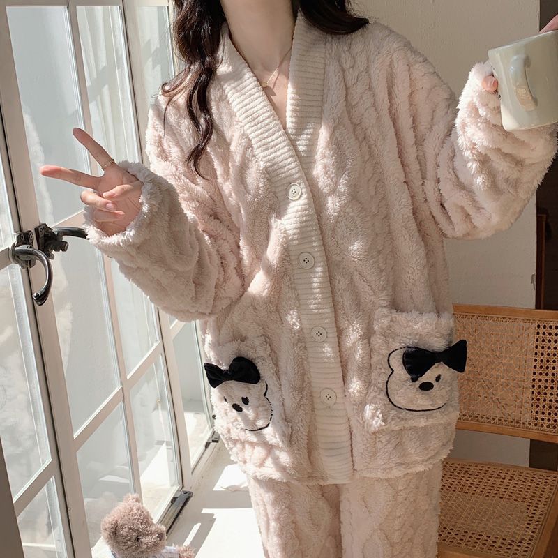 2023年新款提花珊瑚絨睡衣女秋冬季加絨加厚法蘭絨家居服保暖套裝