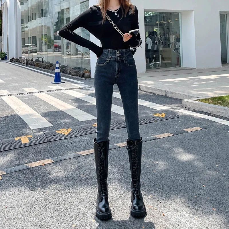 高腰加絨牛仔褲女【彈力】冬季加厚保暖外穿顯瘦緊身小腳鉛筆長褲