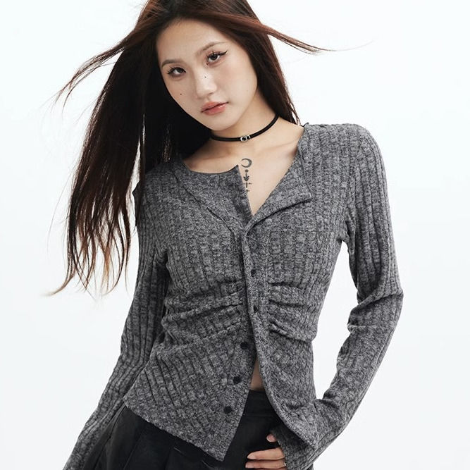 French fashionable sweater cardigan coat for women spring and autumn new long-sleeved sweater women's top with temperament small shirt