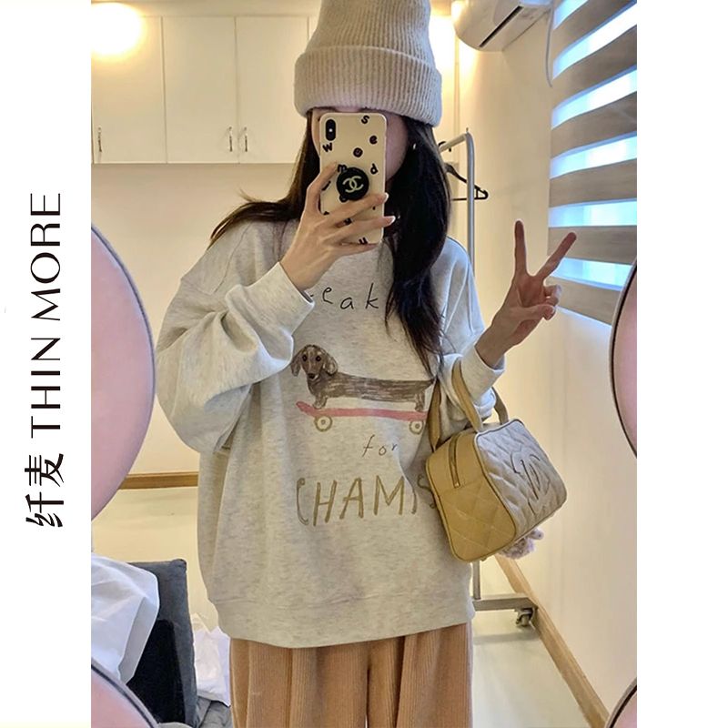 纖麥重磅純棉圓領衛衣女2023秋冬新款寬鬆設計感慵懶風小個子上衣