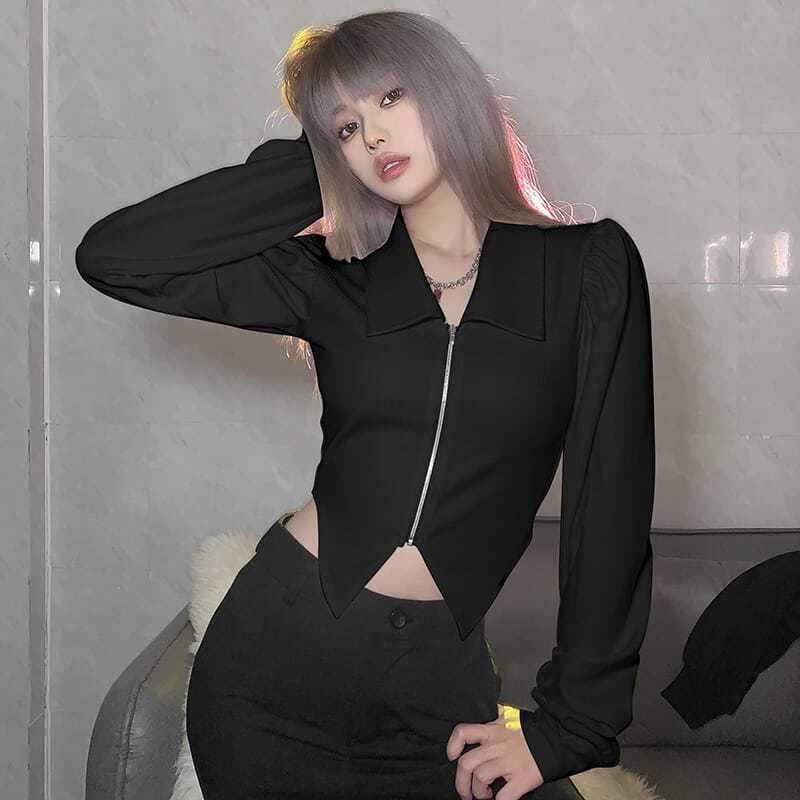 Retro Lapel Irregular Swallowtail Long Sleeve T-Shirt Versatile Slim Fit Tiramisu Chic Design Zipper Top for Women
