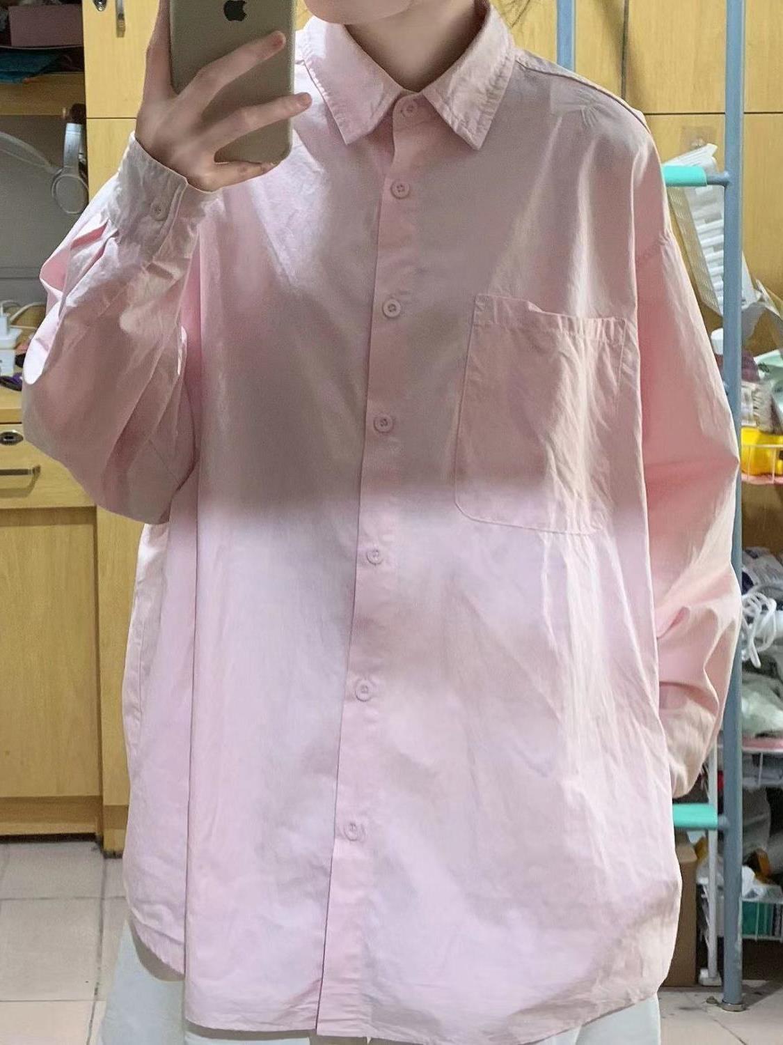 2023秋季淡粉色純棉襯衫內搭女寬鬆百搭顯瘦襯衣外穿長袖上衣服潮