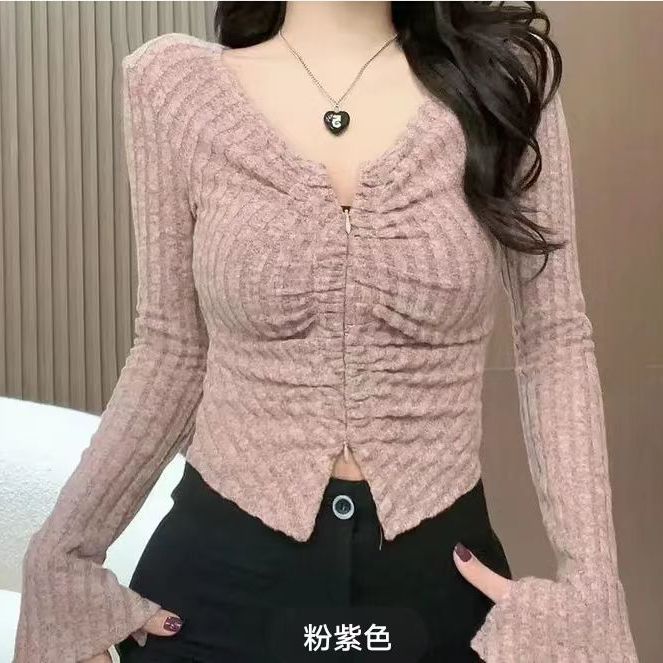 打底衫女秋冬季V領褶皺性感拉鏈T恤設計感別致辣妹緊身喇叭袖上衣