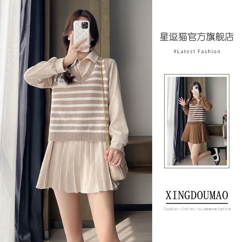 Dress Women's 2023 Autumn and Winter New College Style POLO Collar Two-piece Long Sleeve Knitted Striped Vest Pleated Skirt