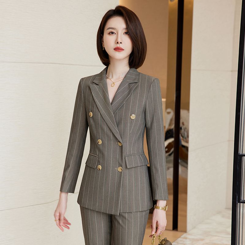 高級感雙排扣條紋西裝外套女2023秋冬新款通勤職業工作服西服套裝