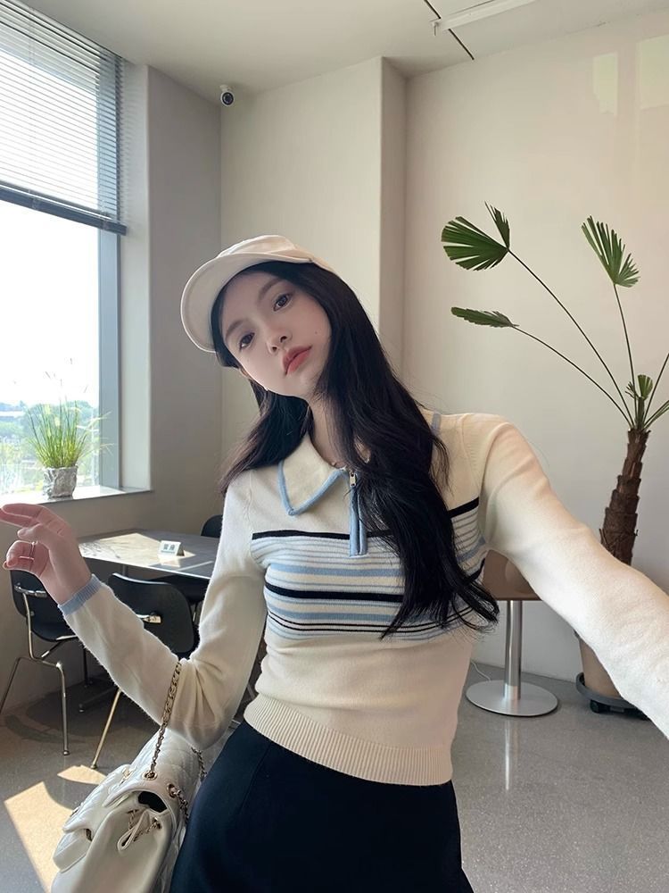 范智喬polo領條紋長袖針織衫女修身顯瘦韓版設計感小眾學院風上衣
