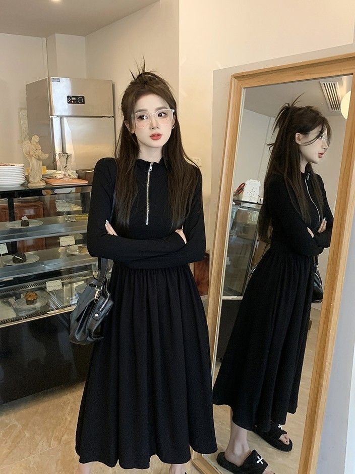 新款赫本风气质长袖小黑裙女秋冬季洋气拉链拼接修身显瘦包臀裙子