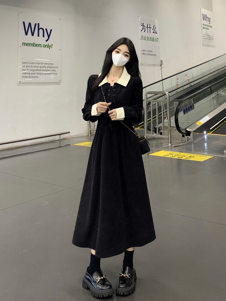 大碼女裝法式復古撞色燈芯絨收腰長裙子秋冬顯瘦遮肉高級感連衣裙