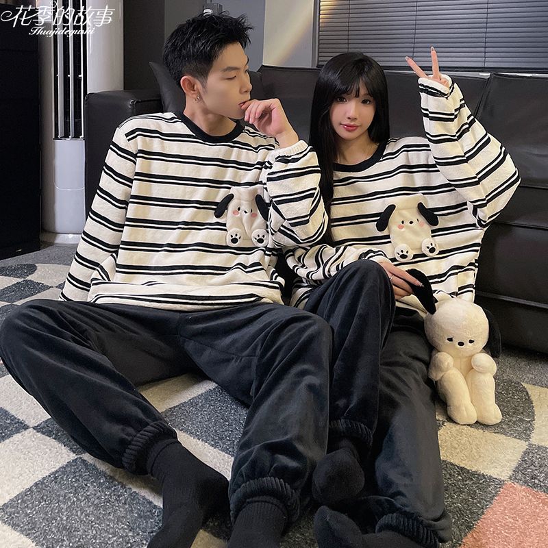 花季的故事法蘭絨睡衣女秋冬季長袖情侶套裝休閒可愛帕恰狗家居服