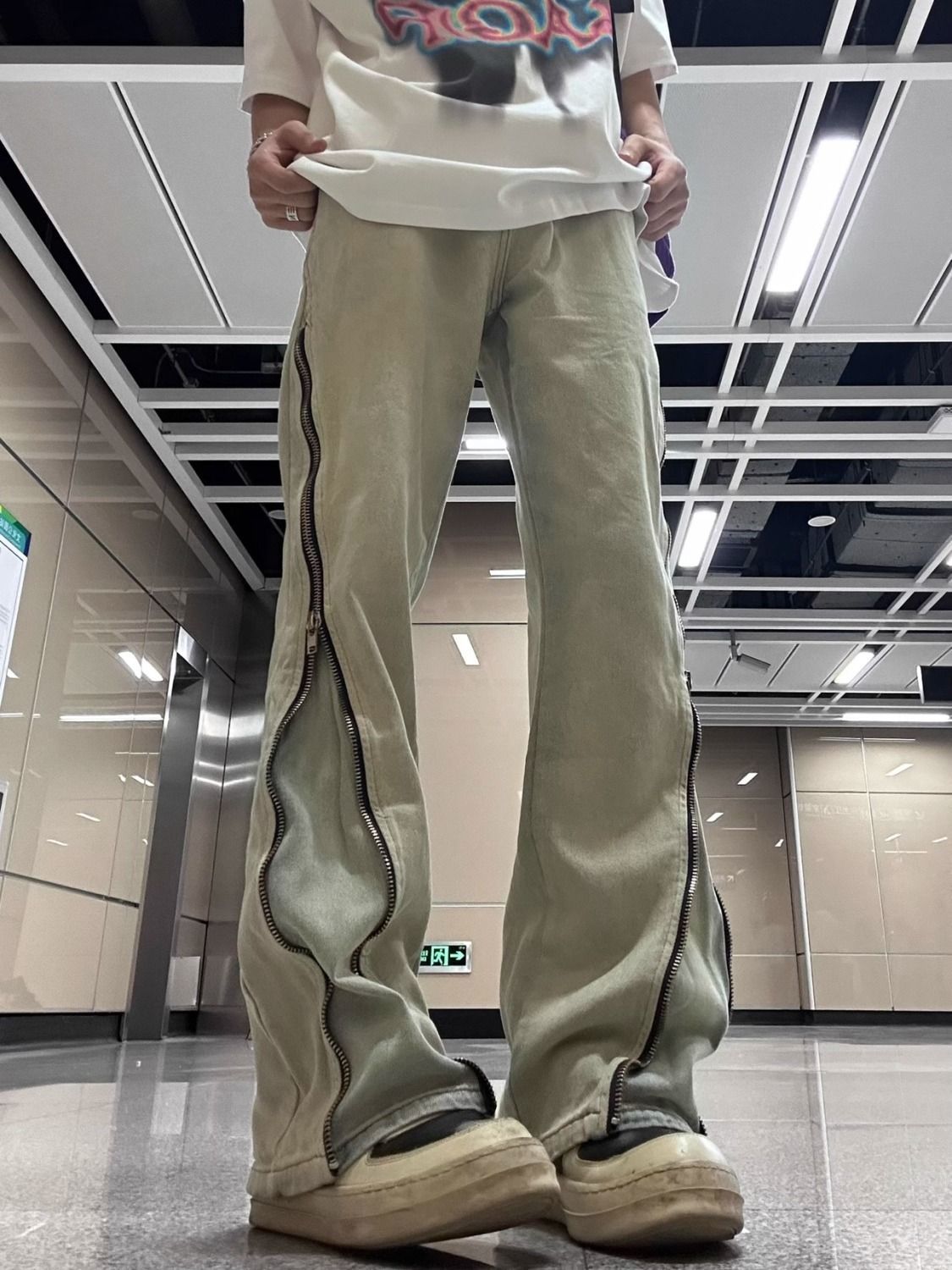 美式vibe高街黃泥染牛仔褲拉鏈男女同款潮牌水洗直筒設計感長褲子