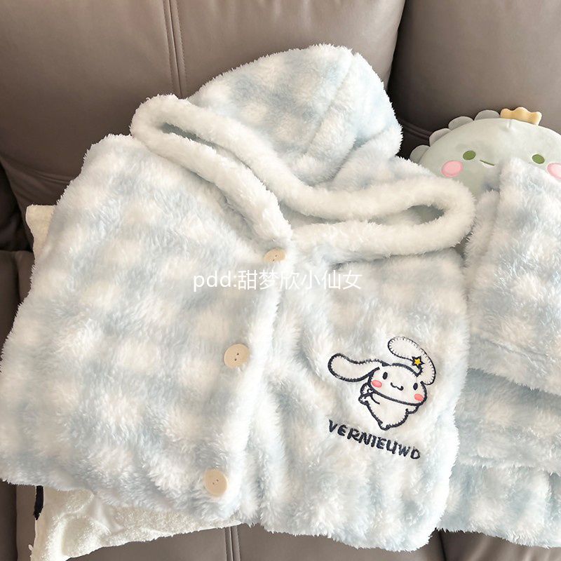 玉桂狗連帽珊瑚絨睡衣女秋冬季天加厚保暖學生外穿睡袍家居服套裝