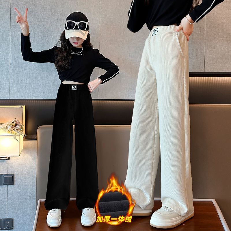 女童加絨褲子冬季加厚條絨闊腿褲大童時尚休閒一體絨長褲兒童冬裝