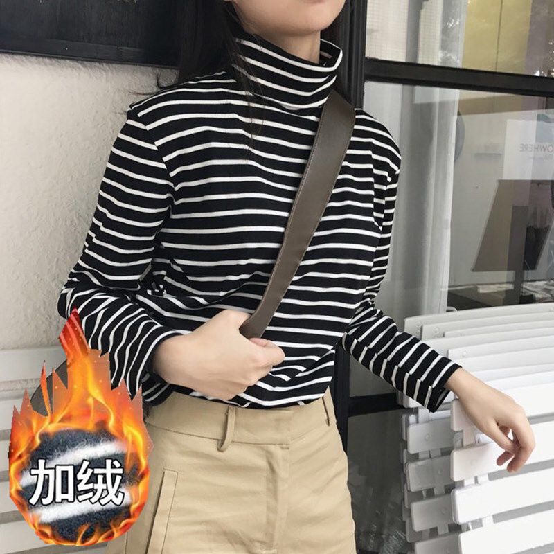 加絨高領條紋打底衫女秋冬新款韓版大碼胖mm修身顯瘦長袖t恤上衣