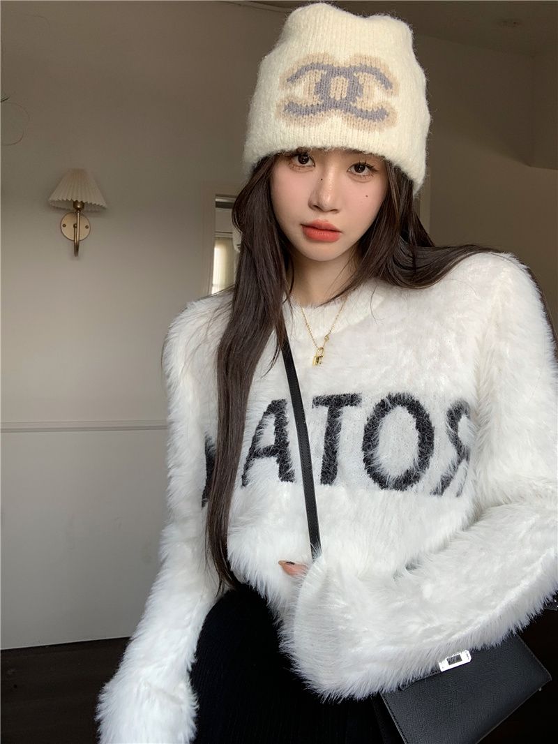 法式溫柔水貂絨套頭毛衣女秋冬新款設計感慵懶風寬鬆短款針織上衣
