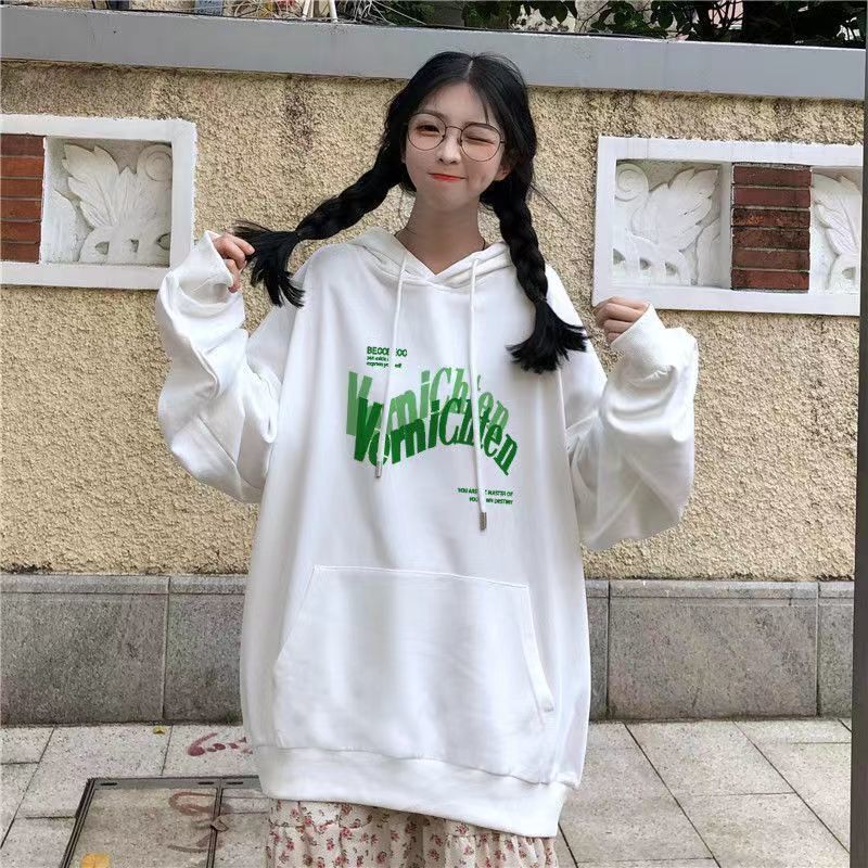 加絨秋冬季新款韓版寬鬆百搭字母印花上衣長袖套頭連帽衛衣女ins