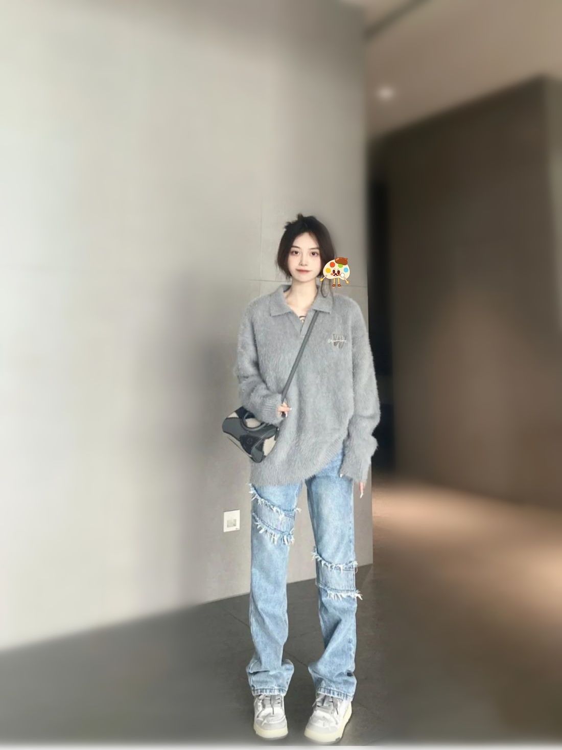 復古藍灰色v領毛衣女2023秋冬新款溫柔風高級感軟糯外穿ins針織衫