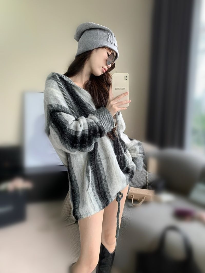 美拉德慵懶風學院風氣質小眾水墨暈染設計感毛衣外套連帽上衣爆款