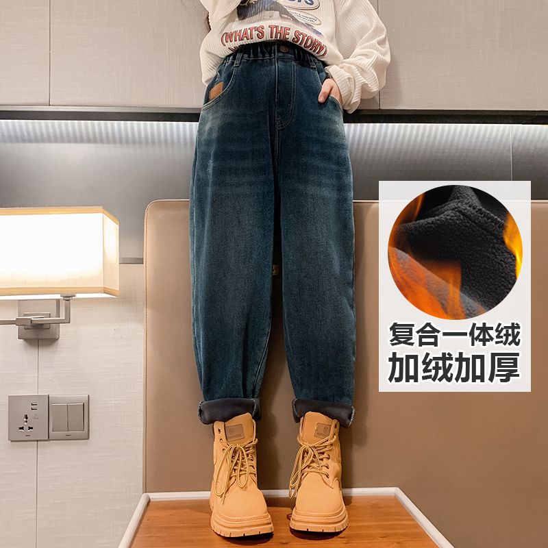 女童褲子冬裝2023新款兒童加絨加厚牛仔褲秋冬季大童一體絨休閒褲