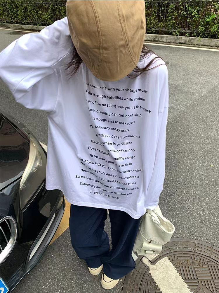 100%純棉字母印花春秋款長袖oversizeT恤女寬鬆百搭原宿風上衣服
