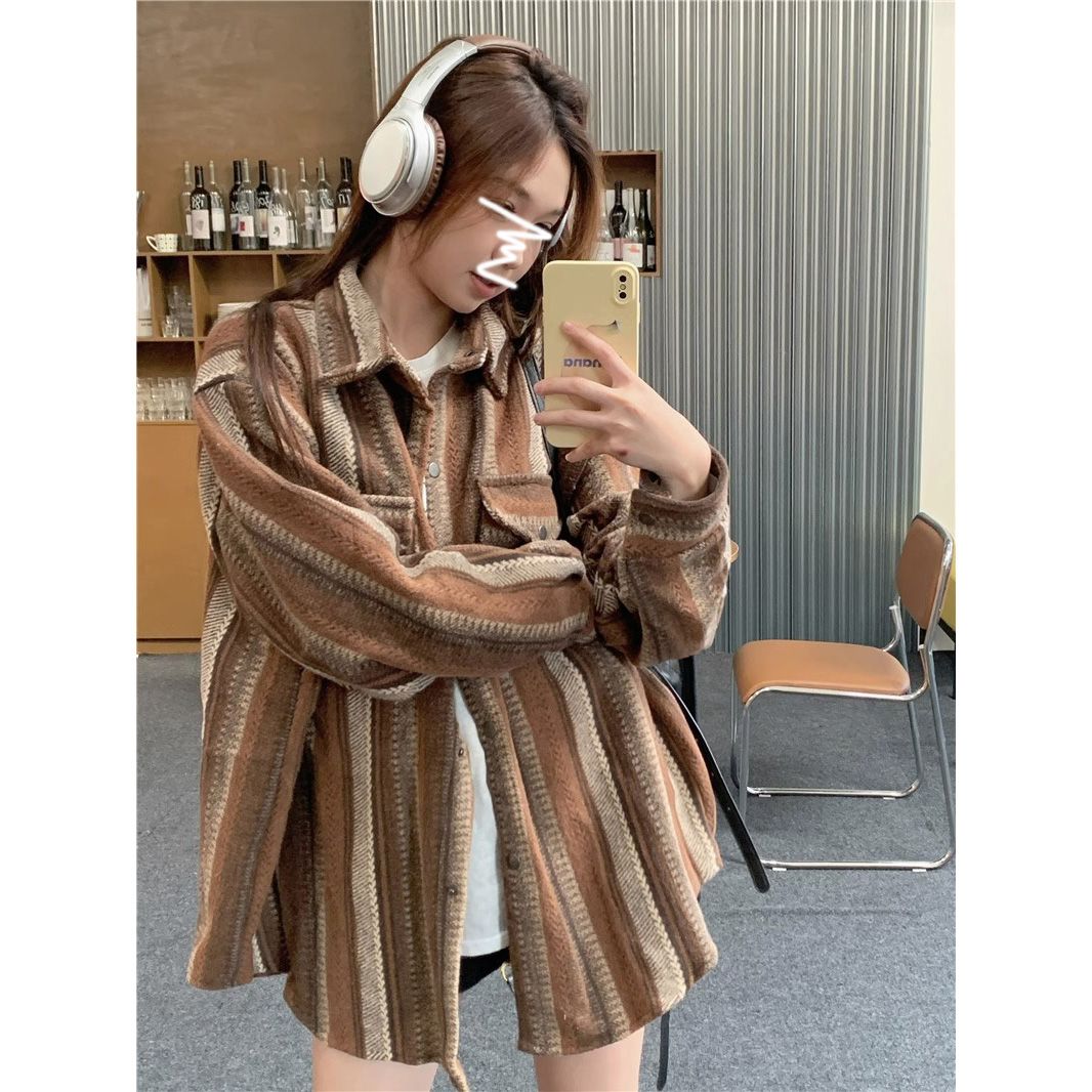 Designed striped contrast stitching woolen shirt jacket women's autumn and winter American loose casual mid-length top