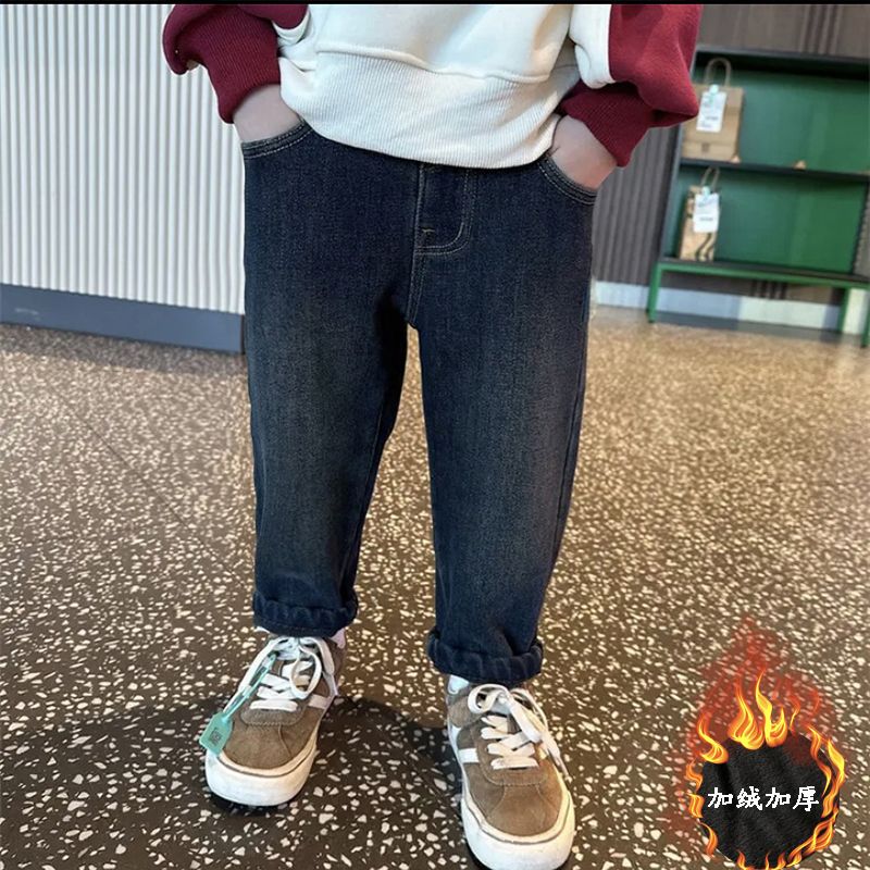 兒童加絨褲子冬款男童帥氣一體絨牛仔褲秋冬款彈力寶寶超軟長褲子